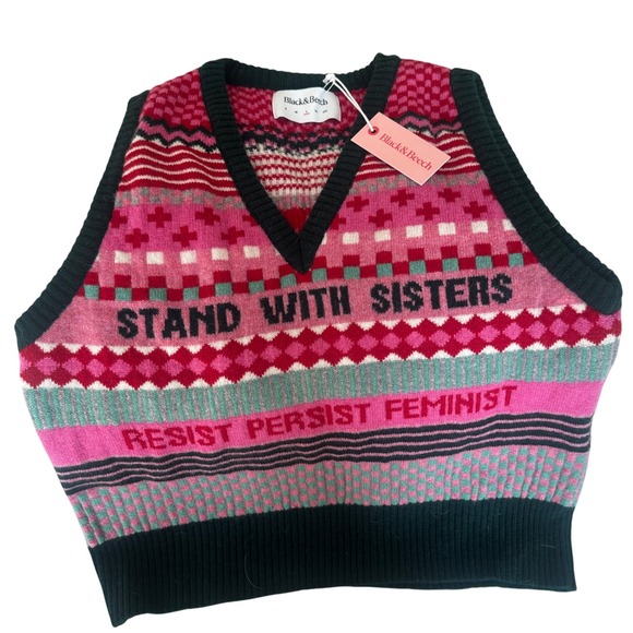 Black &‎ Beech Fair Isle Sweater Vest Stand With Sisters Pink Wool Activist Art - Picture 1 of 11